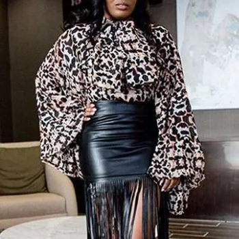 

Lantern Sleeve Women Leopard Printed Blouse Shirts 2020 Spring Summer Lady Party Club Lace Up Women Blouse Shirts