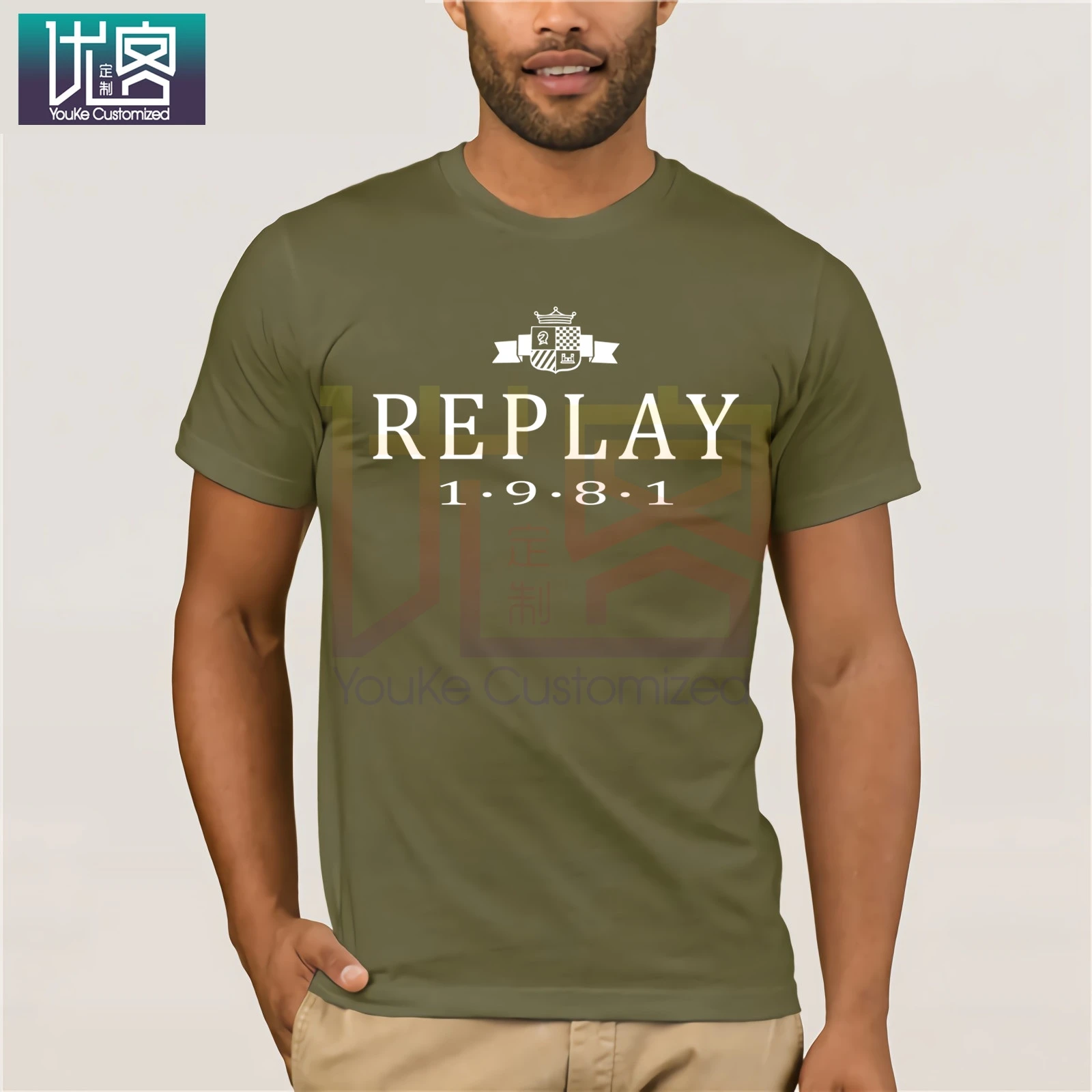 Футболка REPLAY 1981, популярная футболка с круглым вырезом, хлопок, Забавные футболки, хлопковые топы, футболка, повседневный топ с коротким рукавом - Цвет: army green