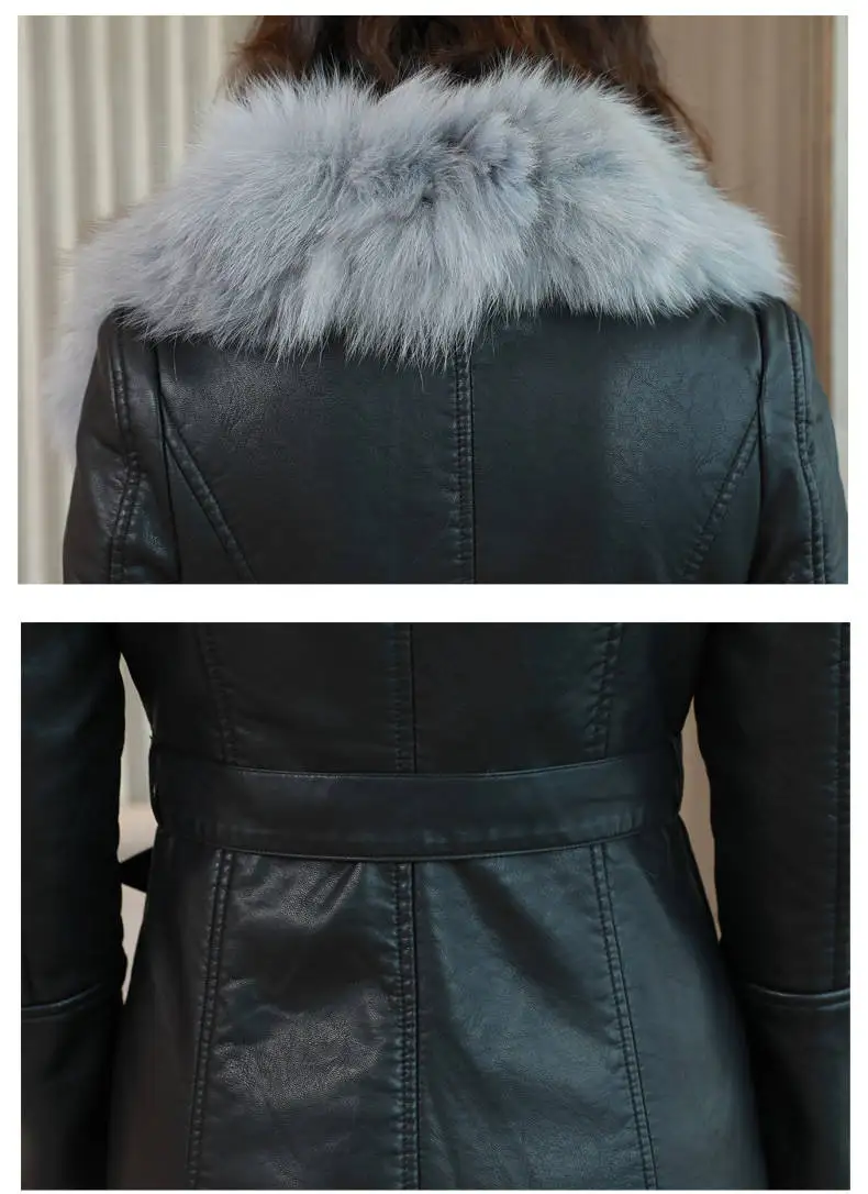 Женская бархатная куртка из искусственной кожи, модная длинная куртка из искусственной кожи с большим меховым воротником, Женская Толстая зимняя куртка, новинка