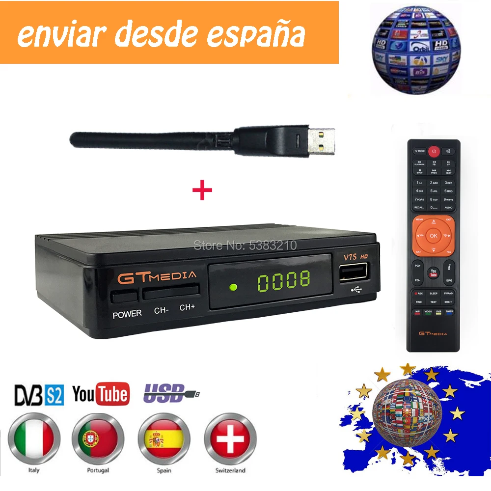 1 год Испания Cccam Cline Gtmedia V7s HD DVB-S2 1080P спутниковый ТВ приемник USB wifi Португалия Испания Германия ТВ тюнер PK V8 nova