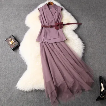 

New European and American women's dresses for spring 2020 Sleeveless vest jacket Skirt with irregular mesh Fashion suits