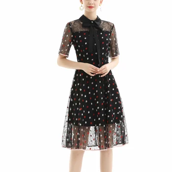

Runway Designer New Bow Sexy Tulle Embroidery Stars Short Sleeve Black Elegant Temperament Dress Women'S Clothing New