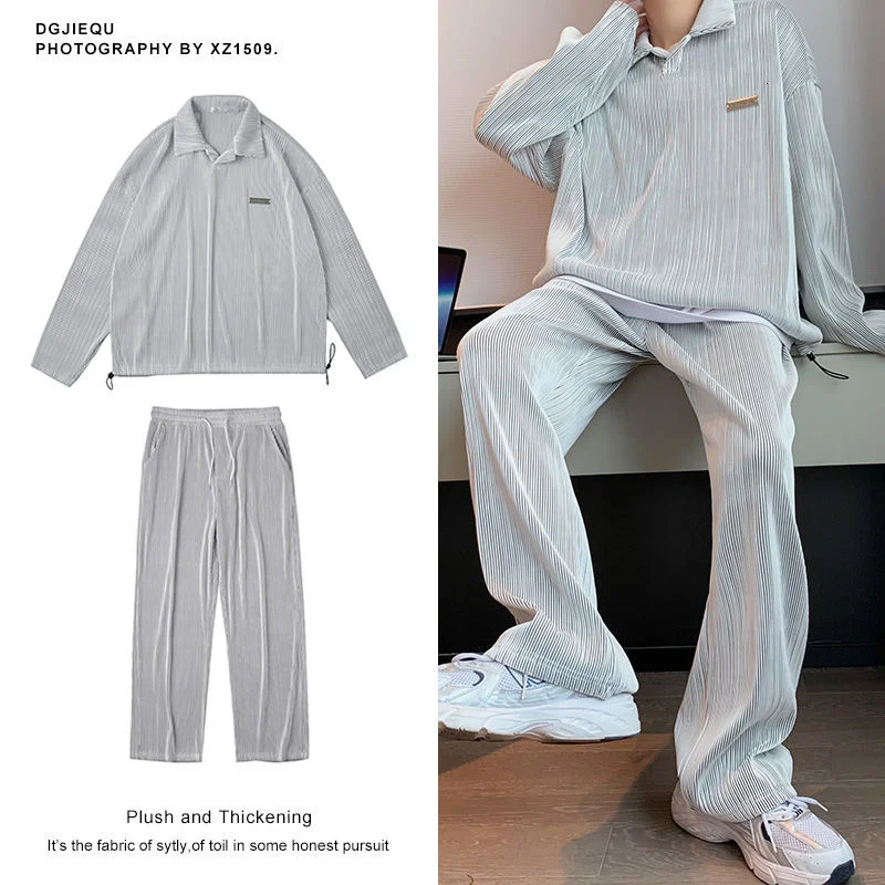 Gray Pleated Sets Men's Fashion Casual Lapel T-shirt Trousers Two-piece Men Treetwear Korean Loose Oversized Mens Sets M-2XL 2023 summer pleated sets men fashion casual short sleeved t shirt trousers two piece mens korean loose ice silk sets men 3 color