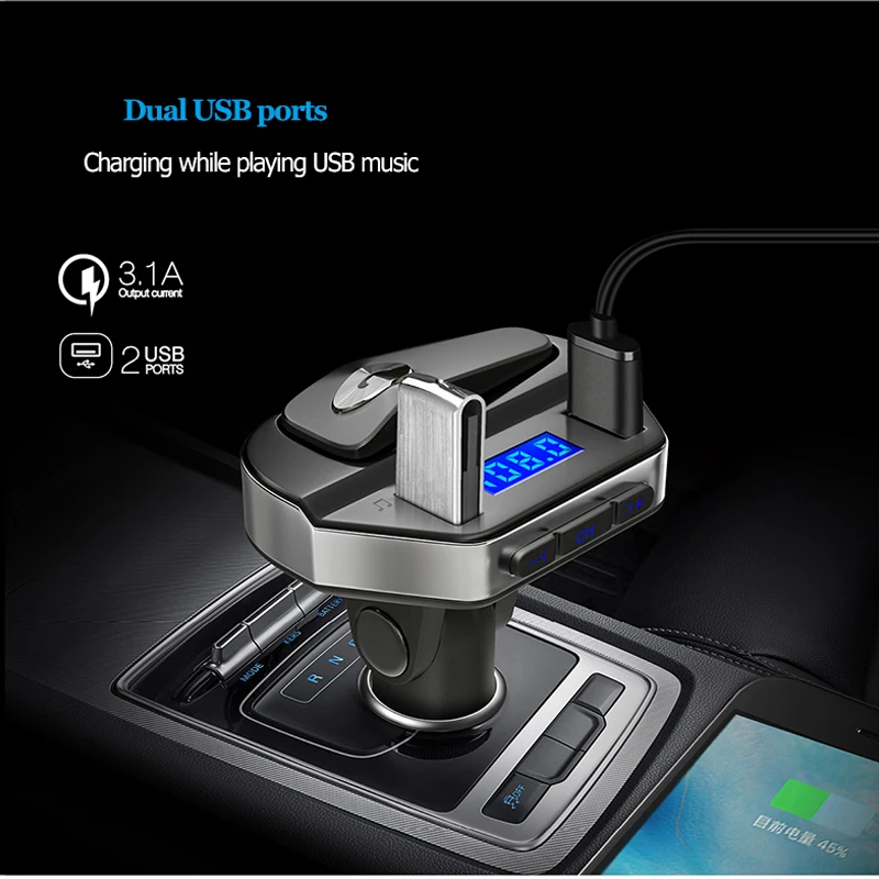 Bluetooth Car MP3 Player FM Transmitter with Disassembly Headphones Handsfree Car Kit USB Quick Charger Adapter