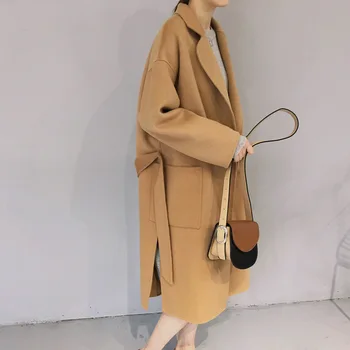 

New Loose Womens Long Coats 2018 Winter Cotton Belt Wool Blend Coat and Jacket Turn-down Collar Ladies Coats