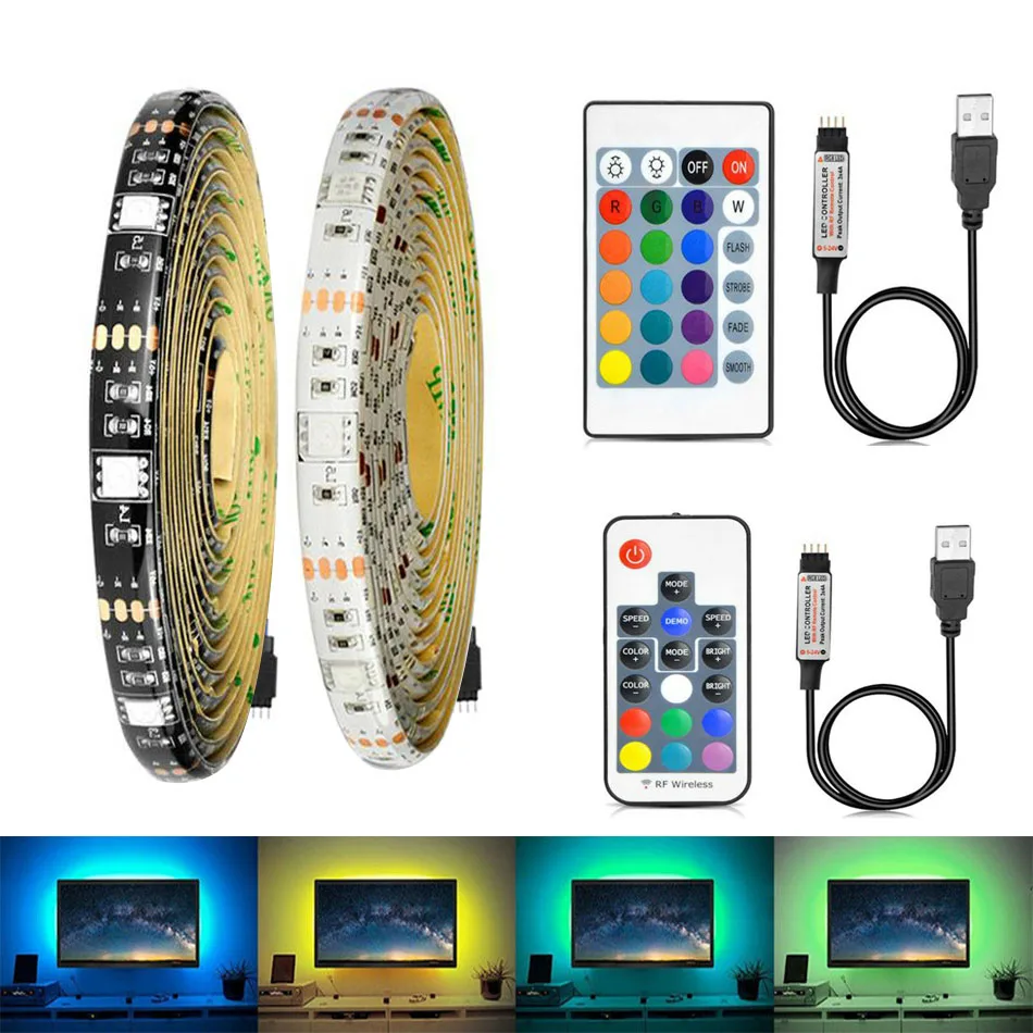 

DC5V 5050 LED RGB Strip 17Key RF 24key IR controller Control Color Changing LED 30LEDs/m RGB Light Strips For TV Rooms, Party