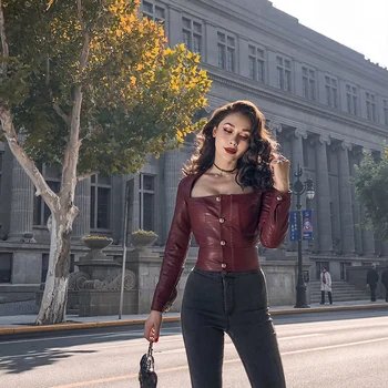 

Le Palais Vintage 2019 Original Vintage Joker Wine Red Low Cut Slim Short Imitation Sheepskin Faux Leather Jackets Women