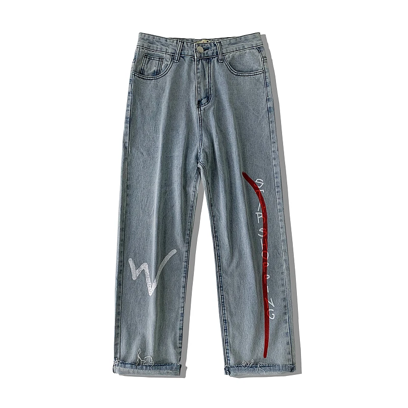 Promotion Hip Hop Jeans Men's Fashion Printed Casual Cotton Straight Jean Pants Men Streetwear Wild Loose Denim Trousers Mens S-2XL