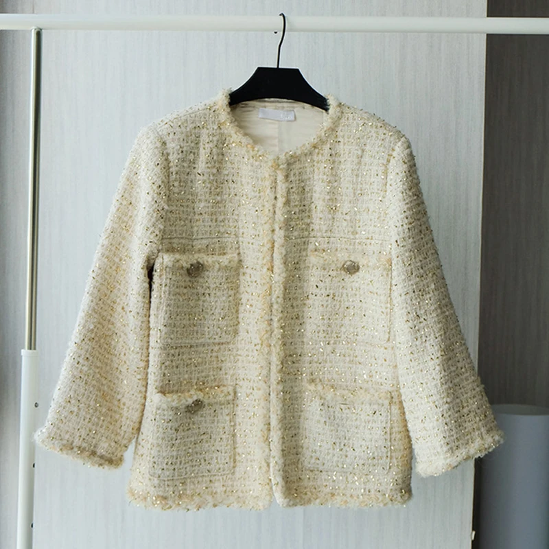 price cut  [EAM] Wool Loose Fit Lurex Button Pocket Jacket New Round Long Sleeve Women Coat Fashion Tide Autum