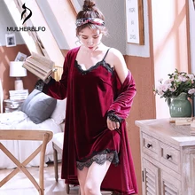 Однотонное осеннее и зимнее ночное платье Роскошные благородные халаты для женщин с v-образным вырезом и длинными рукавами кружевное платье до колен ночное белье
