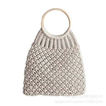 

Fashion Straw Woven Bags Wooden Handle Handbag Hollow Beach Bag For Women Mesh Totes Fashion Storage Tote Shopping Bag