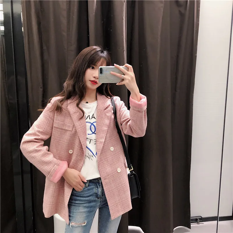 Plaid Pink Vintage Ladies Blazer Loose Casual Simple Suit Jacket Long Sleeve  Bleiser Mujer Korean Women Jacket Spring MM60NXZ