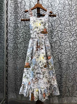 

2020 Spring and Summer New Women's Floral Print Color Decoration he ye bai off-the-Shoulder Strap Slim Dress 410