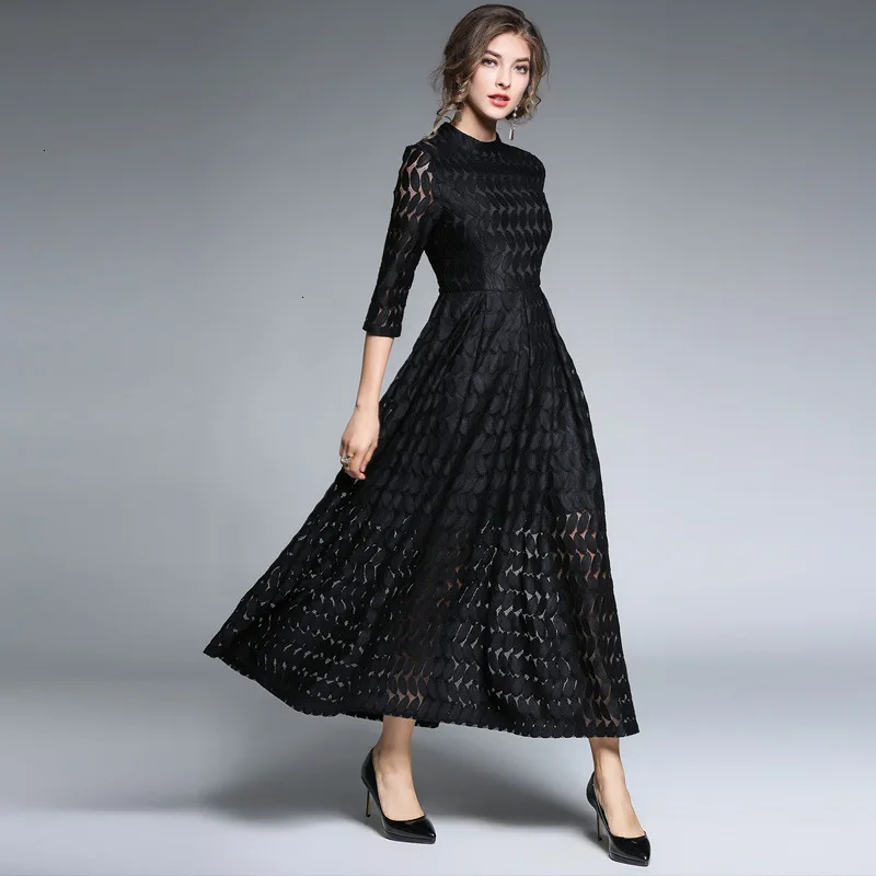 

Fashion Designer edges Dress Retrieve women three quarters Mouw hollow out Slim Elegant Plus Size Jurk