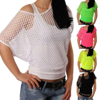

Sexy Women's Fashion Beachwear Top Cover Up Fishnet Tops One Shoulder Casual Solid Short Sleeve Blouse