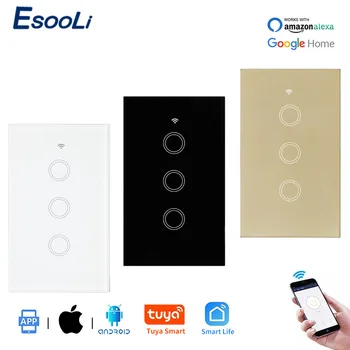 

EsooLi Glass Panel WIFI Touch Switch US Standard Smart Home Wall Switch Wireless Control By Tuya APP 3 Gang Null and Fire Line