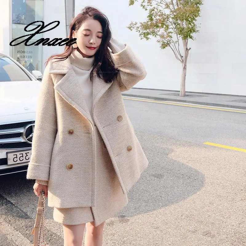

Xnxee 2019 Autumn Women Woolen Suit Office Lady Fashion Solid Double Breasted Blazer Female Elegant Two Piece Set