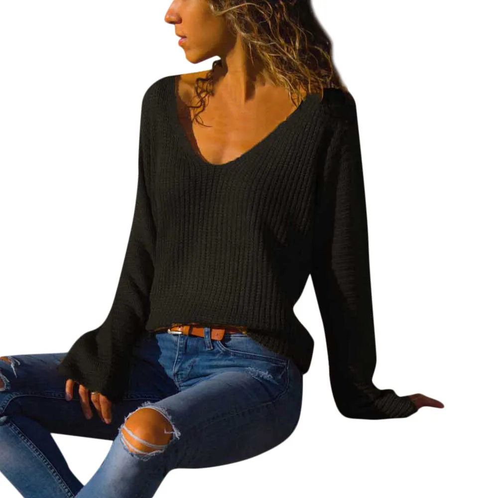 Модный свободный свитер для женщин, повседневный однотонный вязаный пуловер с v-образным вырезом, женский свитер с длинным рукавом на осень и зиму, Топы# BL35 - Цвет: AS SHOW
