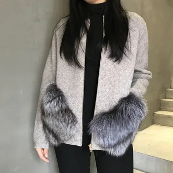 

High Quality Real Big Fox Fur Pockets Patchwork Zipper Cardigan Coat Solid Knitted Female Open Stitch Autumn Fashion Casual Loose Women Sweater Jumper