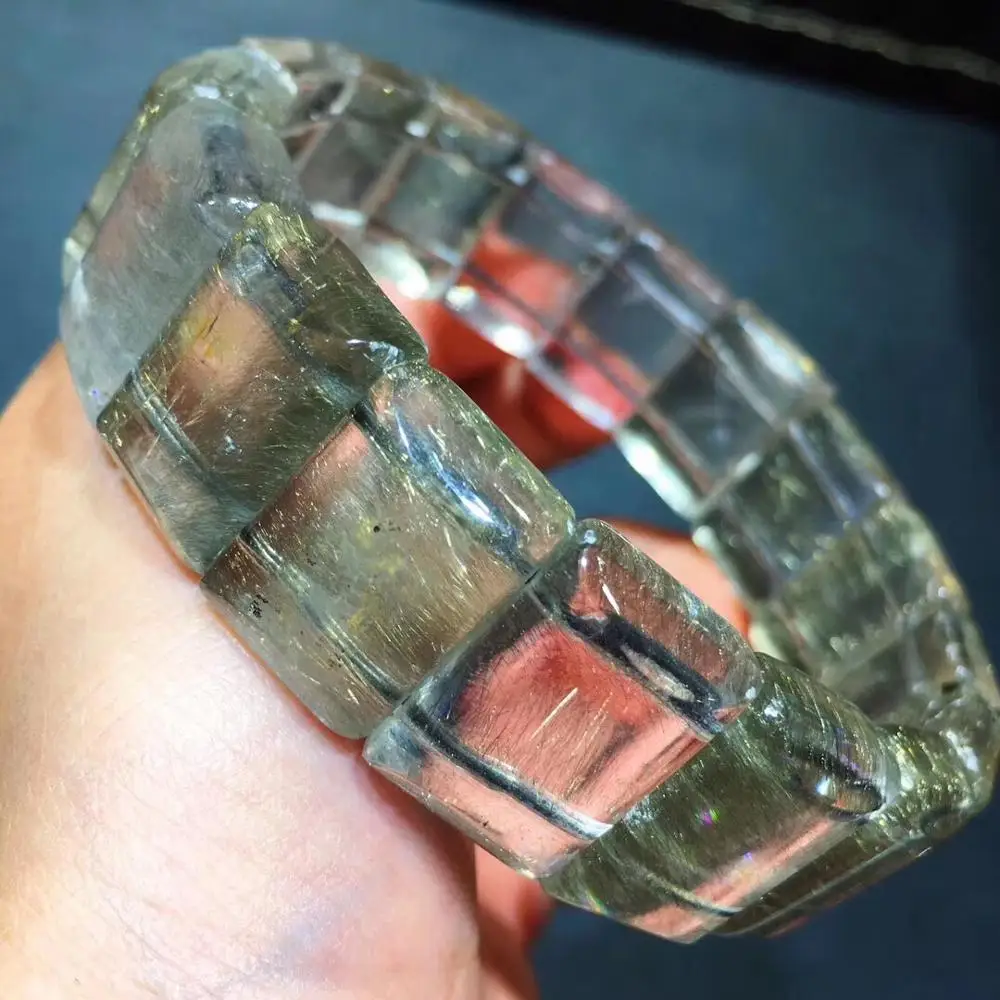 

18.4x13.3mm Natural Silver Rutilated Titanium Bangle Bracelet Jewelry For Women Men Rectangle Beads Stretch Bracelet AAAAA