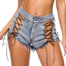 Летние сексуальные женские джинсовые шорты черные синие с высокой талией рваные короткие джинсы для женщин кисточка шнуровка бандажные штаны Новинка