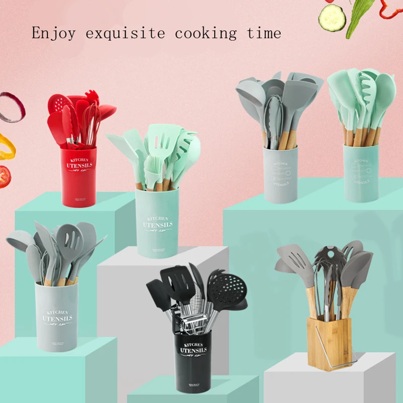 

8/10 / 12PCS kitchen silicone cookware set tool set non-stick spatula shovel wooden handle baking kitchenware kitchen accessorie
