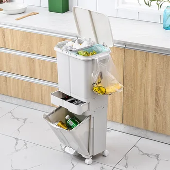 

Japanese Living Room Kitchen Trash Can Waste Bin Multi-Function Dry Wet Separation SortedThree-Layer Garbage Household AA80LB
