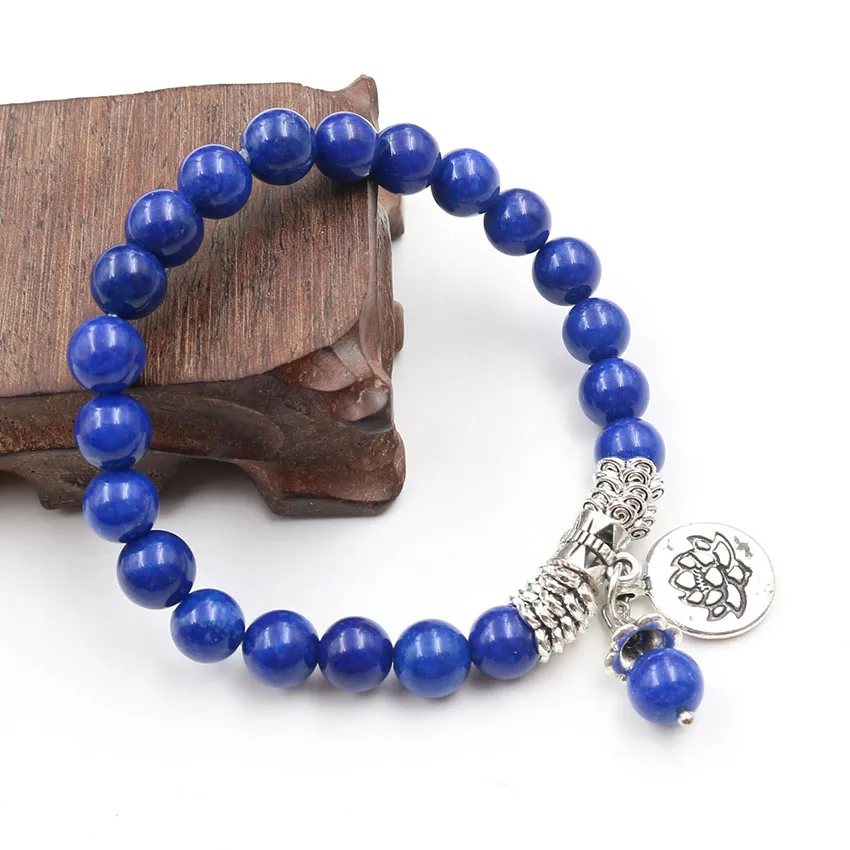 XSM 8mm Lapis Lazuli Prayer Rosary Bracelets Beads Stone Bangles Reiki Tree Of Life and Lotus Flower Buddhist Meditation Jewelry