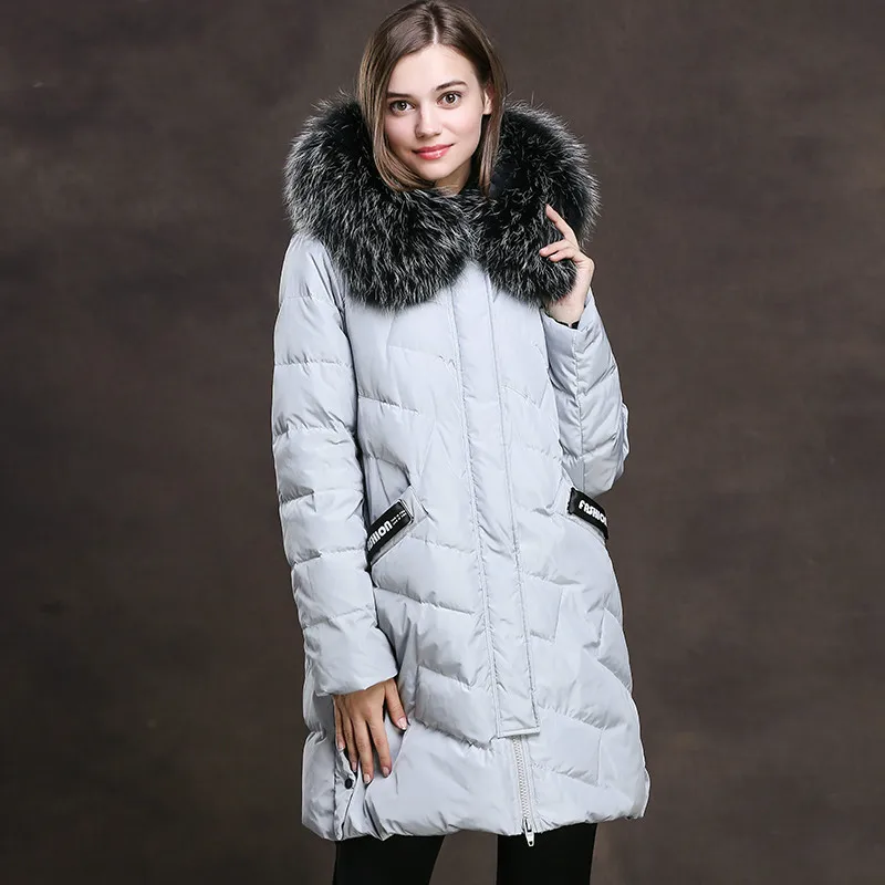 AYUNSUE/женская зимняя куртка-пуховик; теплая куртка-пуховик на утином пуху; Женская длинная куртка с капюшоном и воротником из натурального Лисьего меха; XRHD8707 KJ2938 - Цвет: Gray