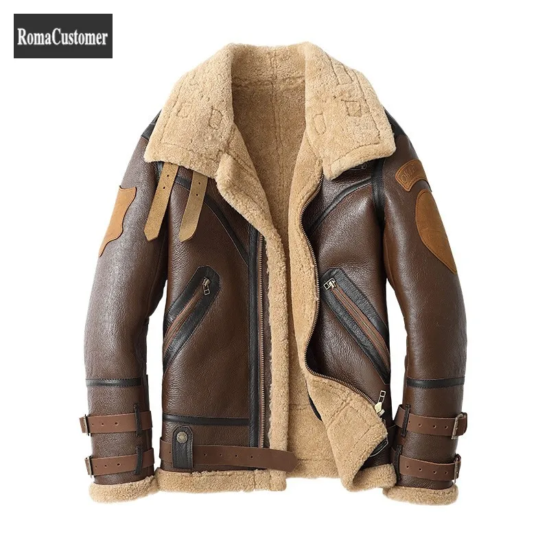 Genuine Leather Bomber Jacket Mens Winter New Sheepskin Wool Short Biker Outerwear Turn-Down Collar Zippers Slim Real Fur Coat | Мужская