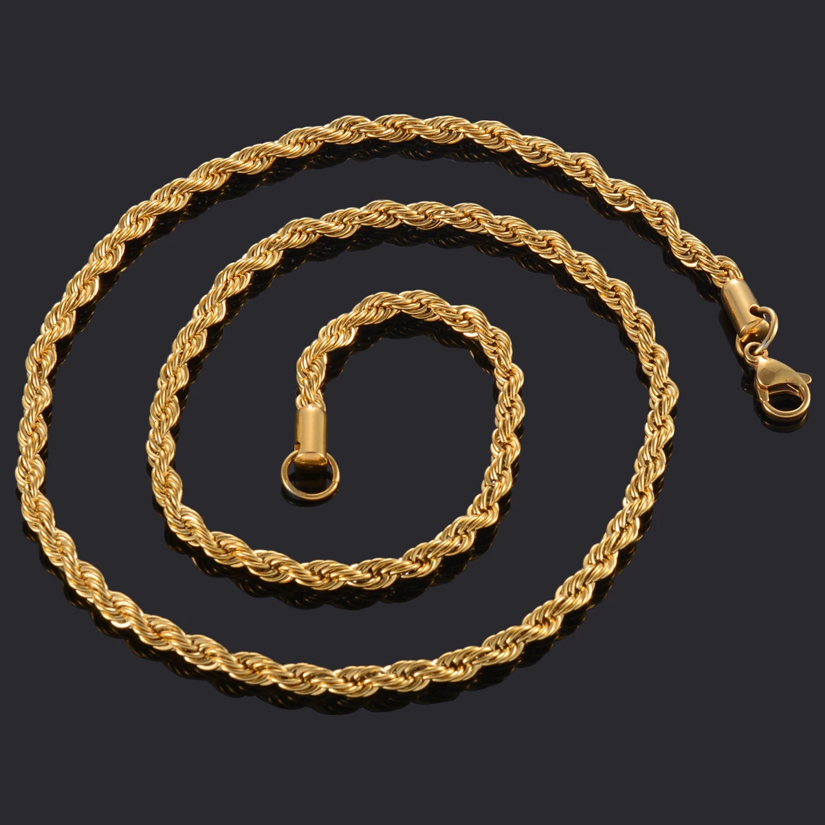 18K Deep Plated Gold Rope Chain Necklace – 316L Stainless Steel, 4/6/8mm, Men & Women