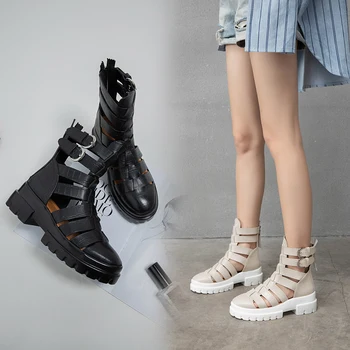 

women sandals Genuine Leather 22-24.5cm Stone pattern embossing Sheepskin insoles ladies shoes Internet celebrity Roman shoes