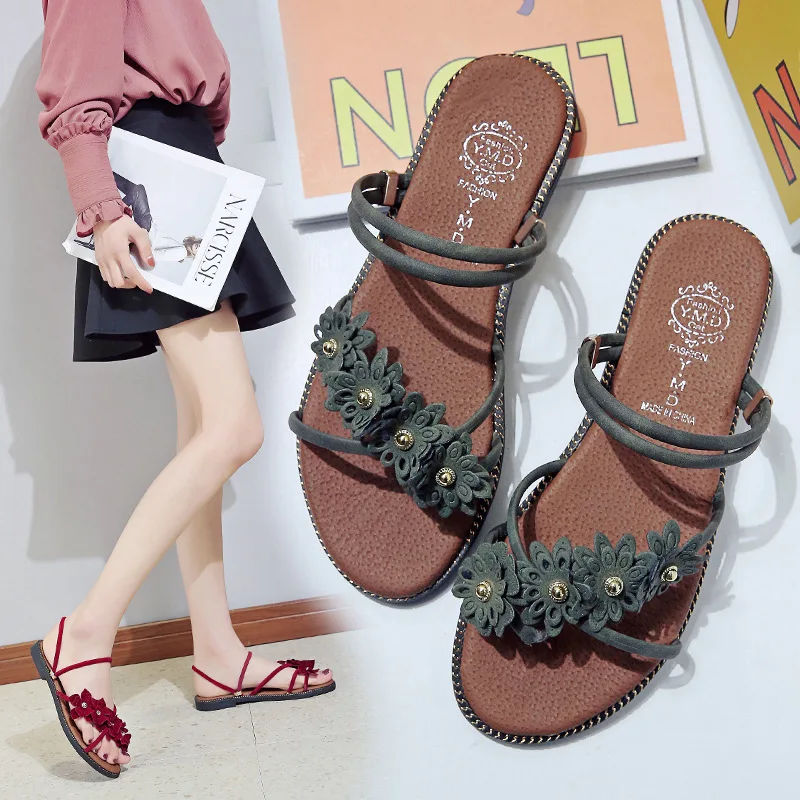 

2019 Summer New Style Korean-style Outer Wear Students Sandals Flower Man-made Diamond Double Purpose Flat Waterproof Platform W