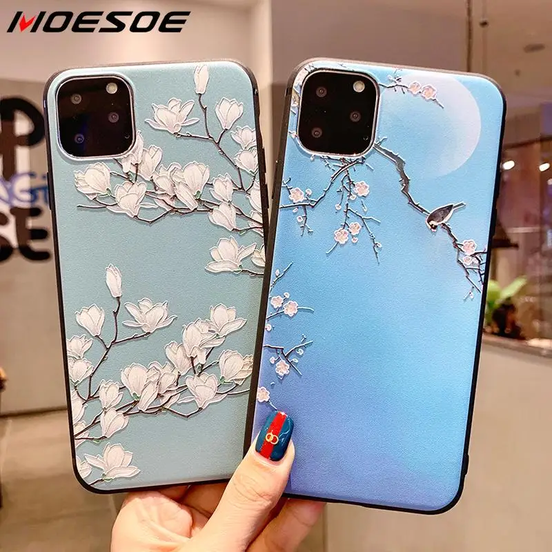 MOESOE 3D Цветочный матовый чехол для iPhone 11 Pro XS Max XR 8 6 7 Plus рельефный из мягкого