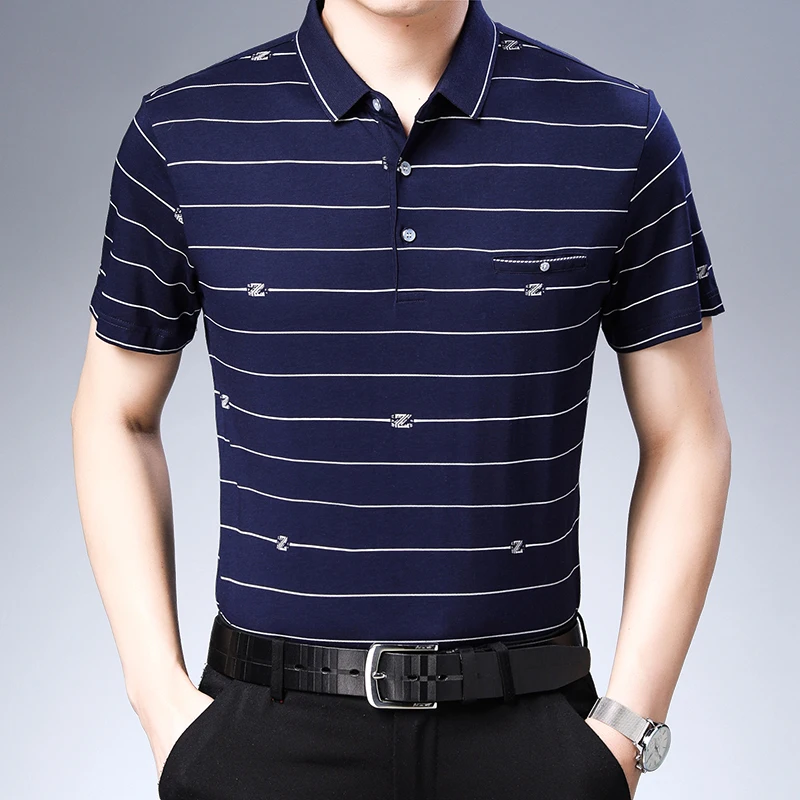

TFETTERS Summer Large Size Slim Casual Men T Shirt Short Sleeve Striped Turn-down Collar Cotton Clothes Men Tshirt