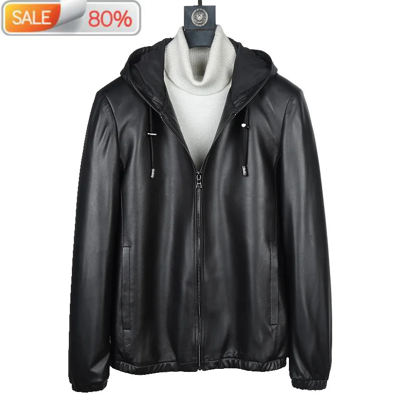 

Genuine Jacket Men Hooded Real Sheepskin Coat Spring Plus Size Leather Jackets Veste Cuir Homme A1A00A B22112
