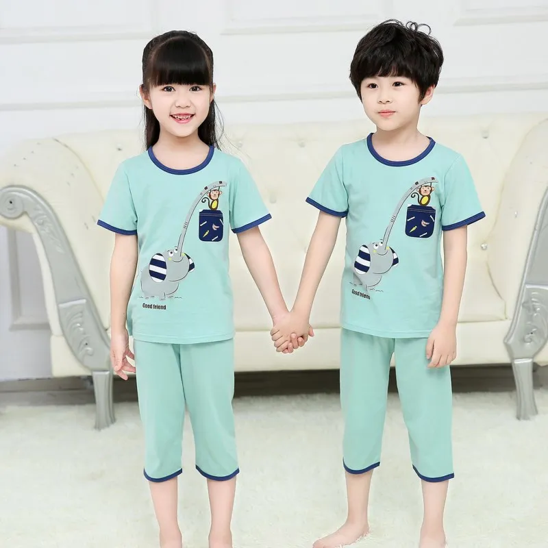 Летний детский пижамный комплект; одежда для маленьких девочек и мальчиков; футболка с короткими рукавами и рисунком+ штаны; комплекты одежды; хлопковая детская одежда для сна - Цвет: 19
