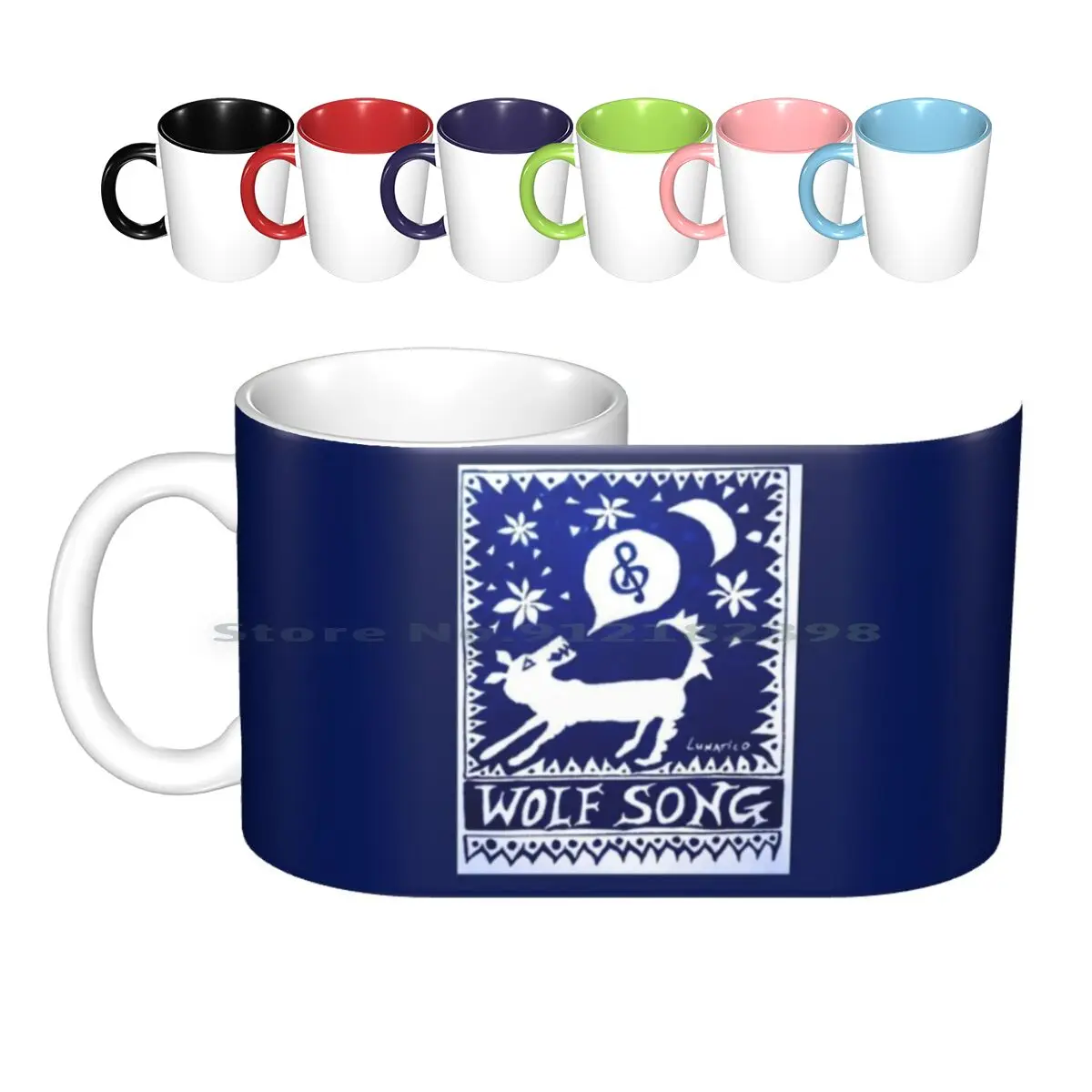 Синие керамические кружки Wolf Song, кофейные чашки, кружка для молока, чая, волк, звезда, луна, ночное небо, волк, музыка, пение, песня, пение, лунатико, Stoyano