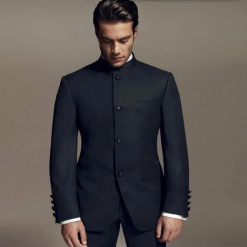 

(Jacket+Pants) 2 Pieces Black Loose Fit Men Suits Stand Collar Men's Cool Party Wear Bridegroom /Best Men Wedding Tuxedos