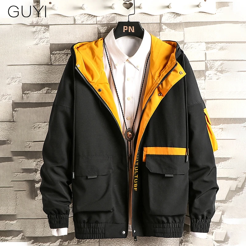 

GUYI Black Cargo Bomber Jackets Men Hooded Pockets Windbreaker Coats Male Fashion Casual Hip Hop Harajuku Autumn Patchwork Coats
