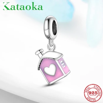 

925 Sterling Silver Pink enamel cabin pendants for Jewelry Making fits Original Kataoka Charm Bracelets DIY Gifts