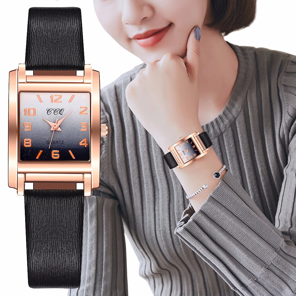 

CCQ Women Leather Square Case Gradient Color Arabic Numbers Watch Luxury Ladies Quartz Watches Clock Relogio Feminino