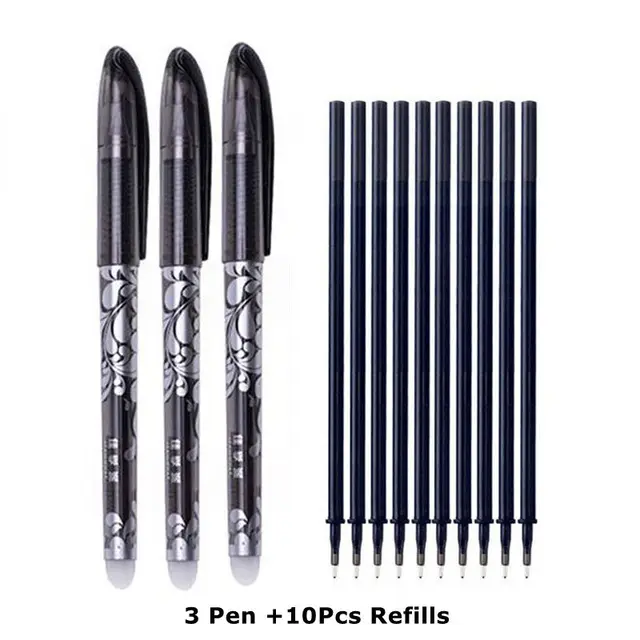 Erasable Pen Set 0.5mm Needle Bullet Tip Gel Ink Pens Refills Rods write erase Washable Handle for School Office Supplies 3 pen 10 refills D