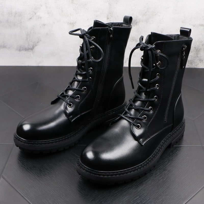 

men luxury fashion punk nightclub motorcycle boots black platform shoes cow leather bottes hommes short botas de homens sapatos