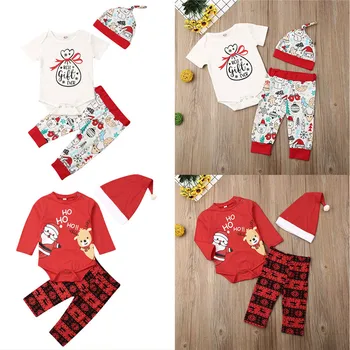 

2019 3PCS Toddler Baby Girls Boys Clothes Christmas Xmas Bodysuit Tops Long Leggings Pants Deer Print Cartoon Hat Santa Autumn