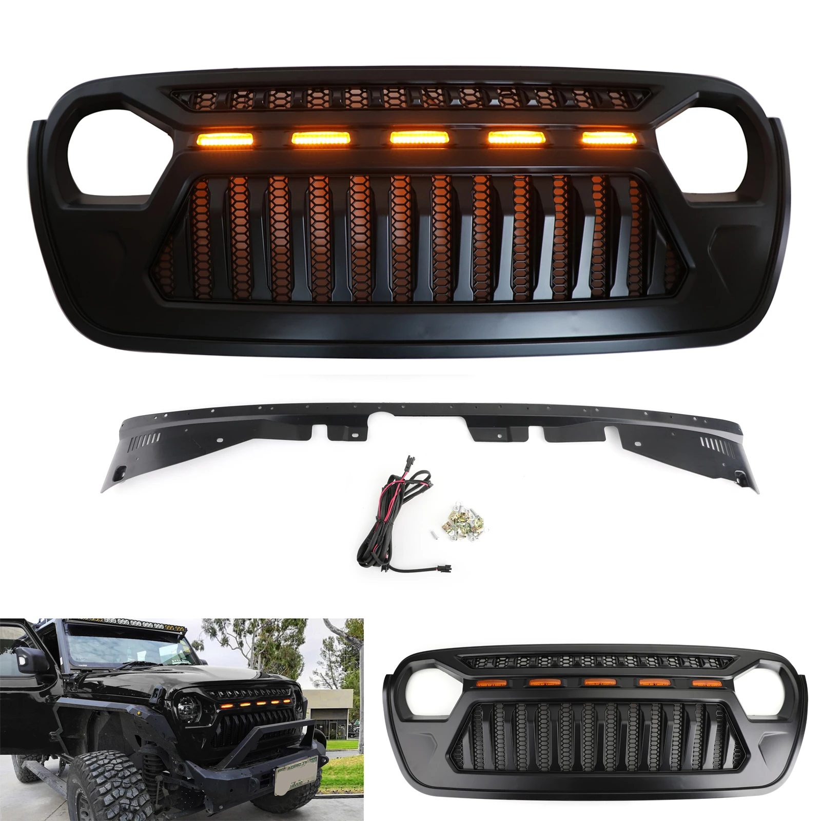 Discount Areyourshop New Front Bumper Grille with 5 Amber Light For Jeep Wrangler JL 2018 2019 Front Upper LED Light Grille Car Parts 1