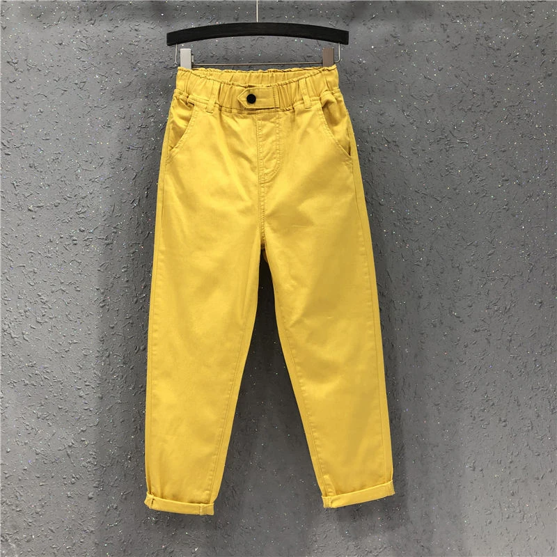 Новое поступление, летние женские шаровары, универсальные повседневные хлопковые джинсовые штаны с эластичной талией, большие размеры, желтые белые джинсы D321