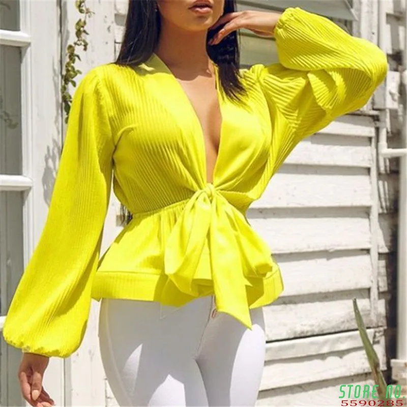 

Yellow V-neck Solid Womens Tops and Blouses Summer Beach Lantern Sleeve Shirts Women 2020 Chiffon Cute Roupa Feminina