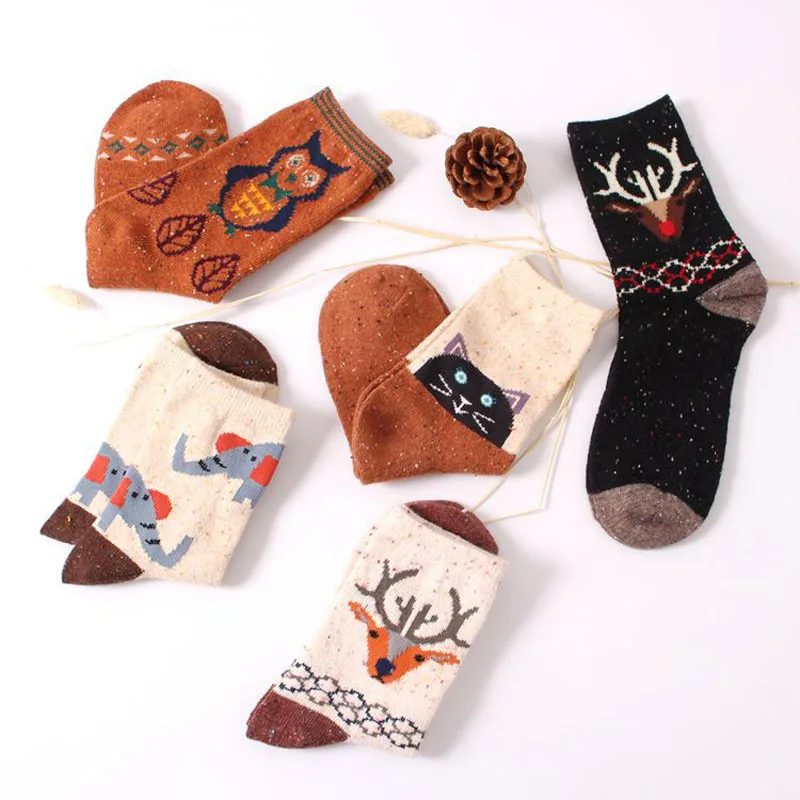 Винтажные толстые носки из кроличьей шерсти для женщин и девушек, ретро зимние носки в стиле Харадзюку С Изображением Животных, совы, оленя, кота, слона, брендовые милые хлопковые носки