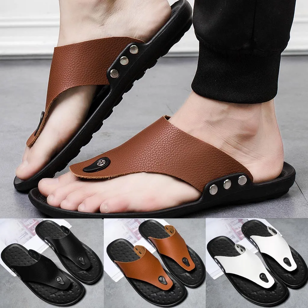

Men's Slipper Solid Leather Flip Flops Men Comfortable T-strap Open Toe Sandals Summer Rome Flip Flop Chinelo Masculino Beach